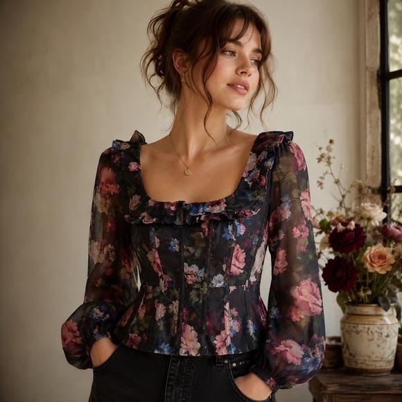 Anthropologie Tops - NWT Anthropologie Black Floral Corset Blouse Size M Sheer Puff Sleeve Ruffle Top